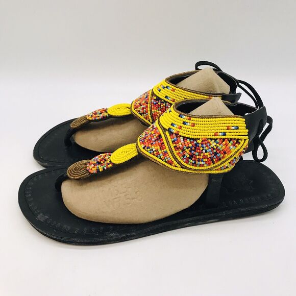African Maasai Handcrafted Beaded Sandals Women's 9 Black Genuine Leather Kenya - Picture 2 of 9
